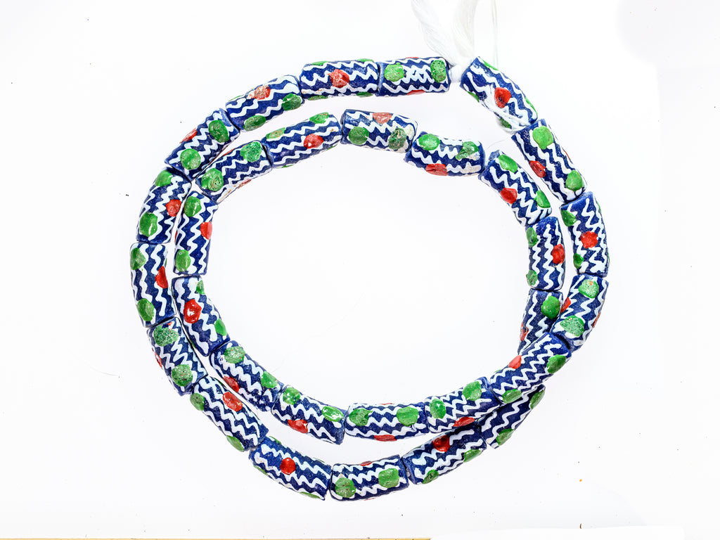 Recycled Glass Beads from Ghana - blue with multicolor pattern - M00372