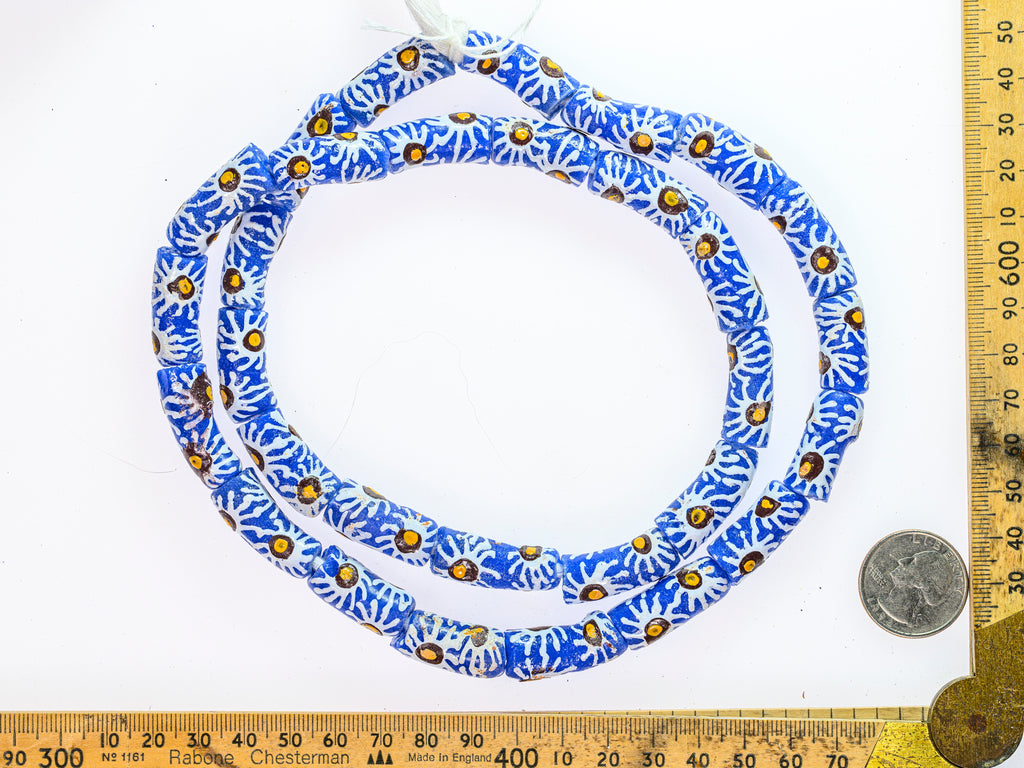 Recycled Glass Beads from Ghana - blue with sunburst pattern - M00373