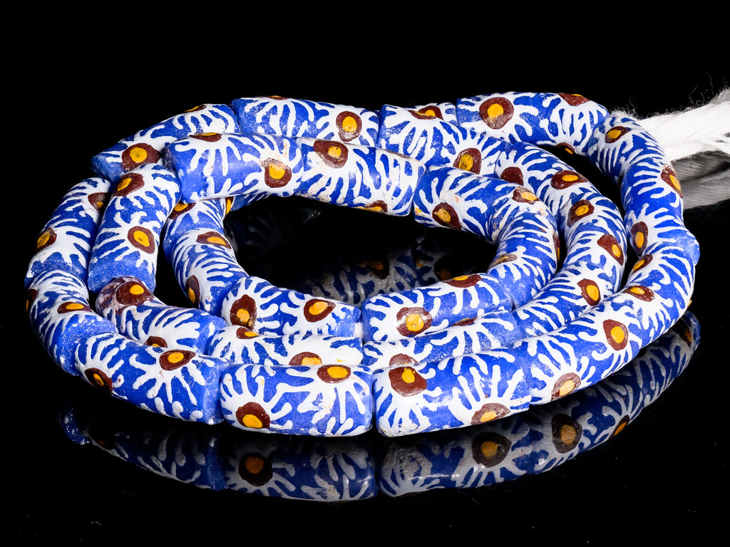 Recycled Glass Beads from Ghana - blue with sunburst pattern - M00373