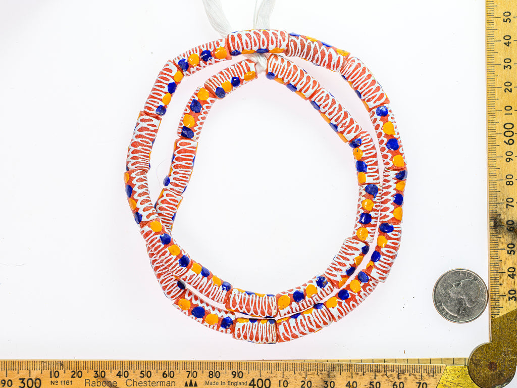 Recycled Glass Beads from Ghana, orange with blue, yellow and white pattern - M00374