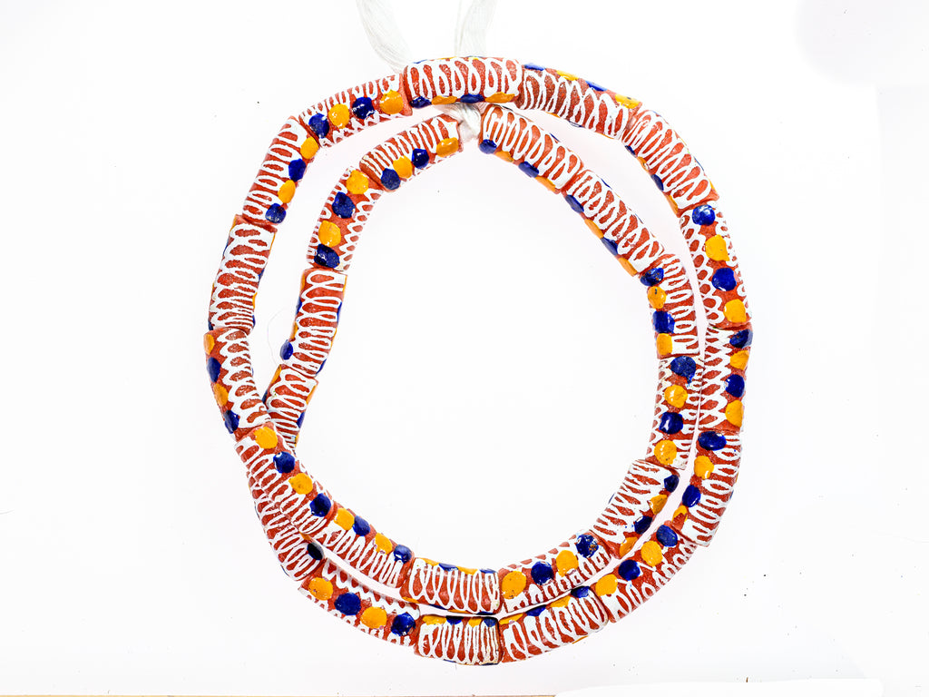 Recycled Glass Beads from Ghana, orange with blue, yellow and white pattern - M00374