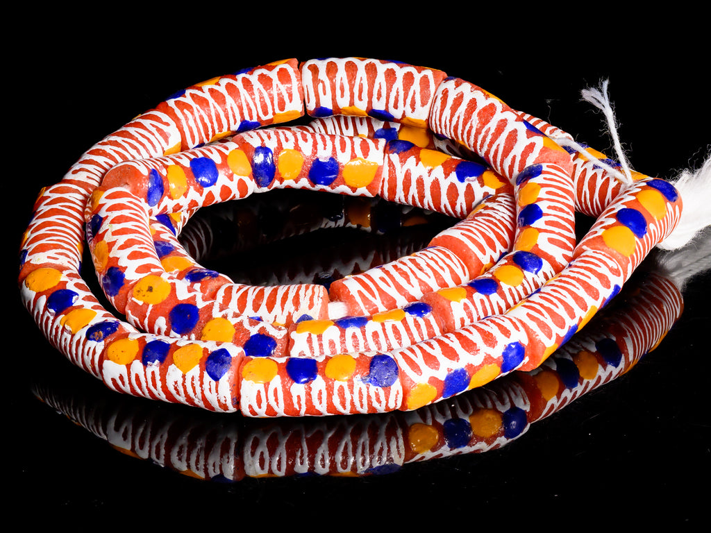 Recycled Glass Beads from Ghana, orange with blue, yellow and white pattern - M00374