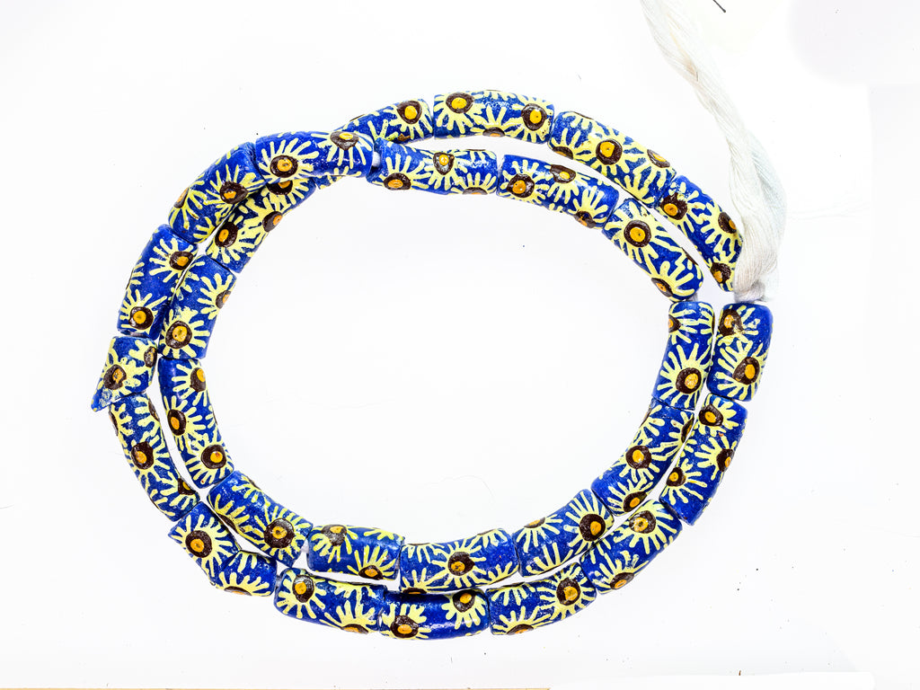 Recycled Glass Beads from Ghana - blue with orange and white flower pattern - M00378