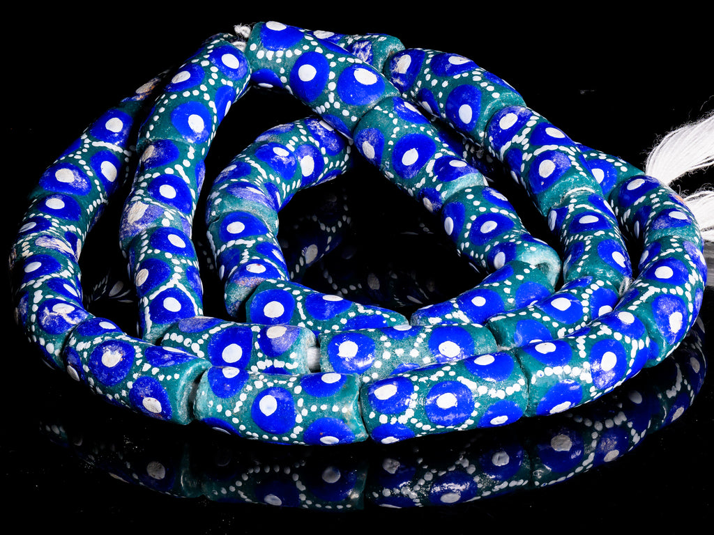 Recycled Glass Beads from Ghana - green / blue / white pattern - M00382
