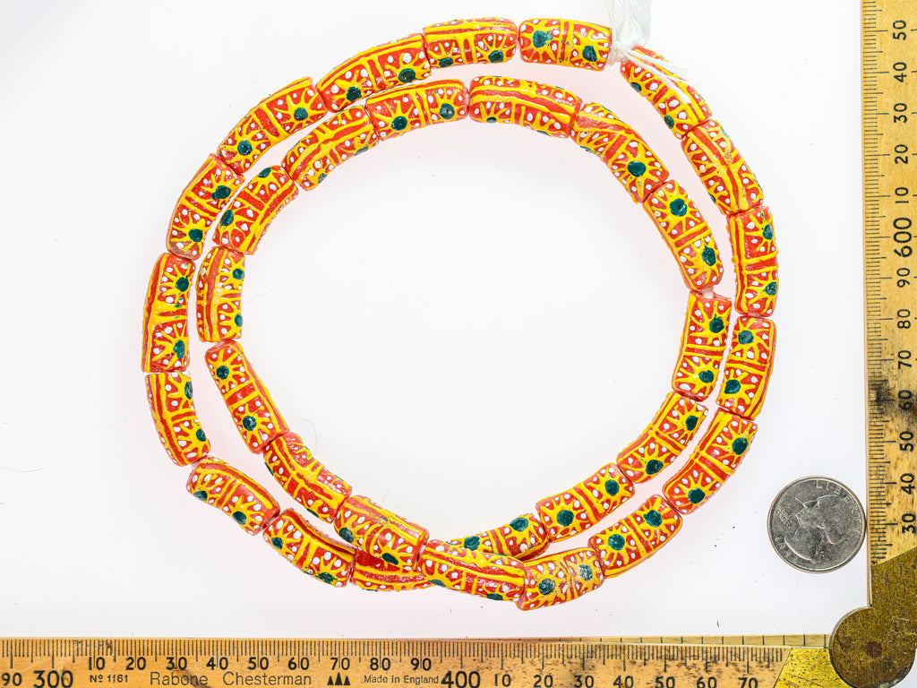  Recycled Glass Beads from Ghana - orange with yellow sunburst pattern - M00386