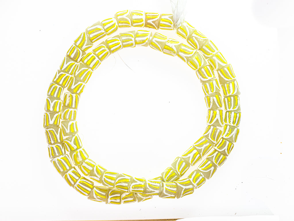 Recycled Glass Beads from Ghana, white and yellow pattern -  M00393