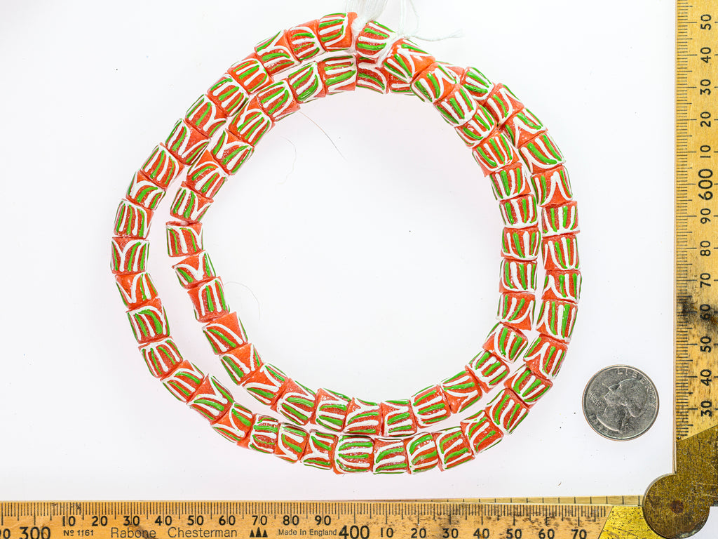 Recycled Glass Beads from Ghana, pink with green and white pattern - M00394