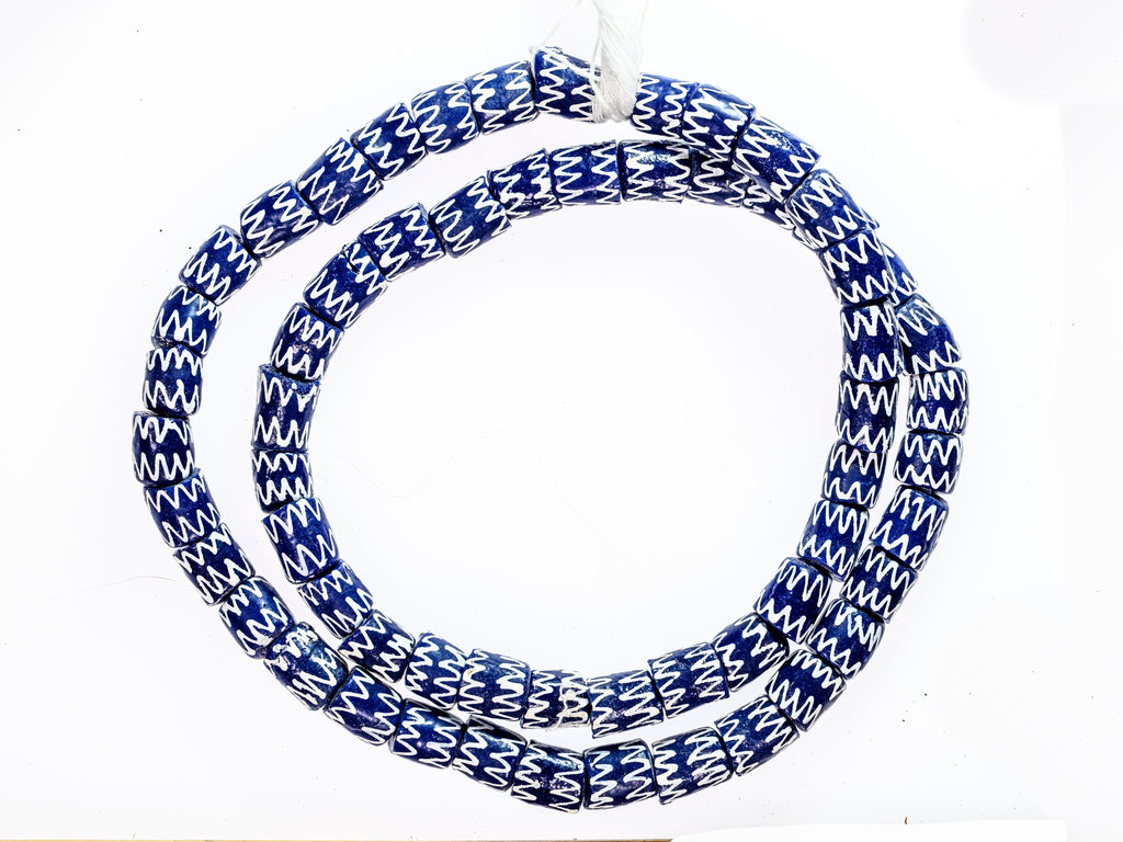 Recycled Glass Beads from Ghana - blue with white zig zag pattern - M00398