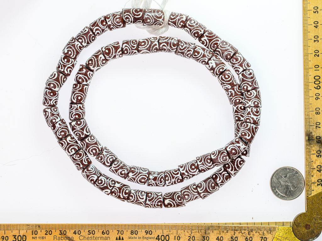 Recycled Glass Beads from Ghana, brown with white pattern - M00389