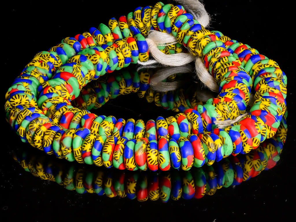 Recycled Glass Beads from Ghana M00402 - green, blue, yellow, black, and red multicolored