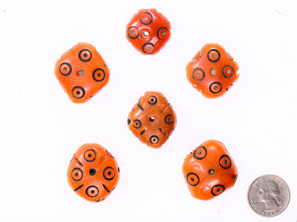 A Group of 6 Orange Faux Amber Carved Diamond-Shaped Resin Beads from Morocco