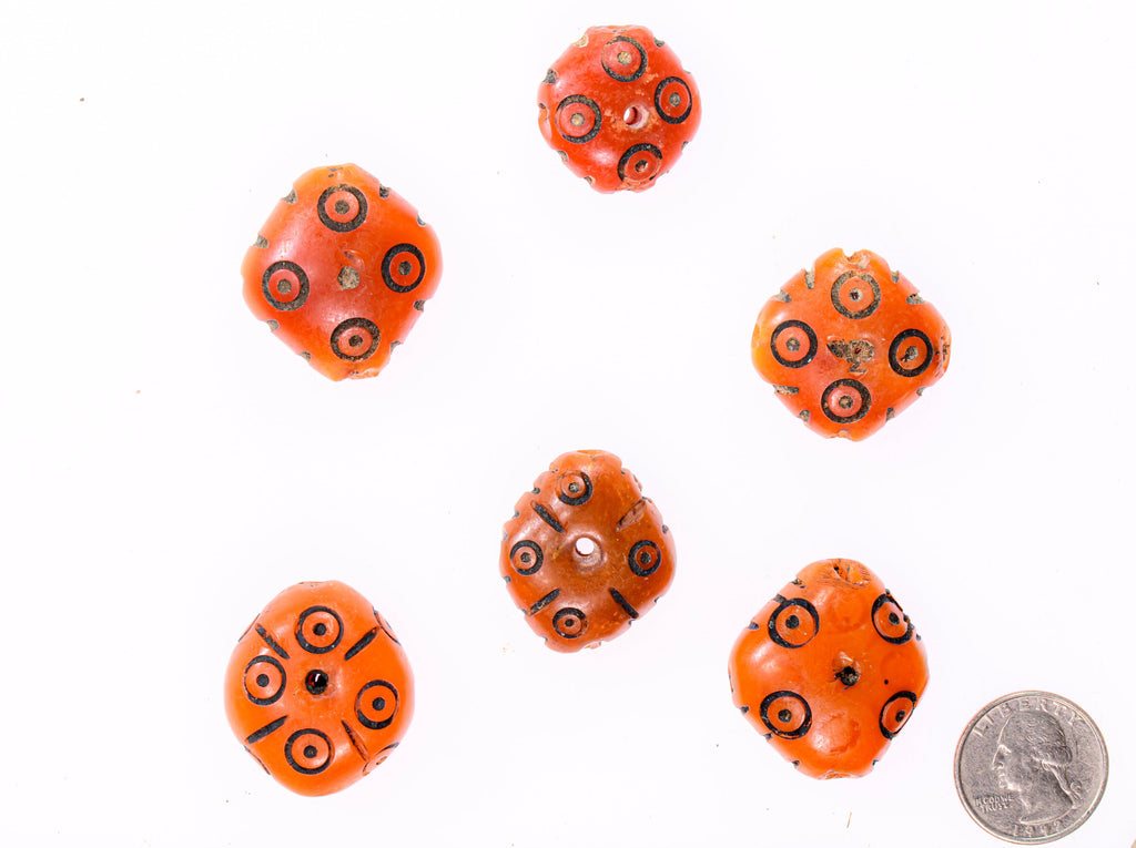 A Group of 6 Orange Faux Amber Carved Diamond-Shaped Resin Beads from Morocco