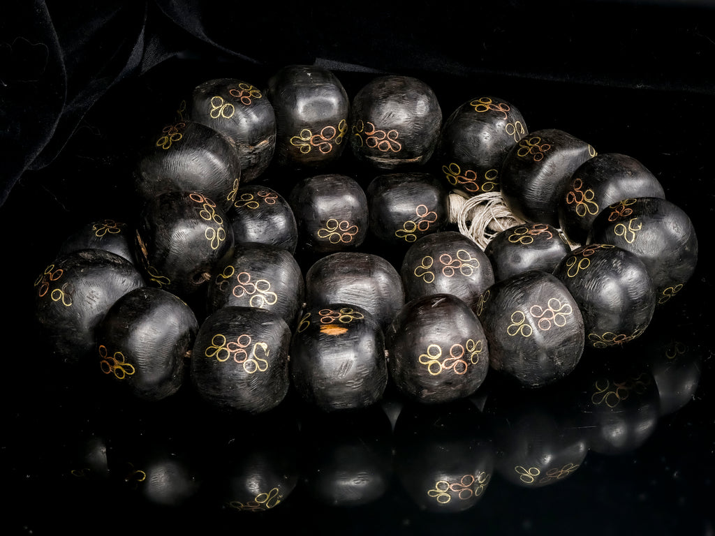 Large Black Ebony Copper-inlaid Beads