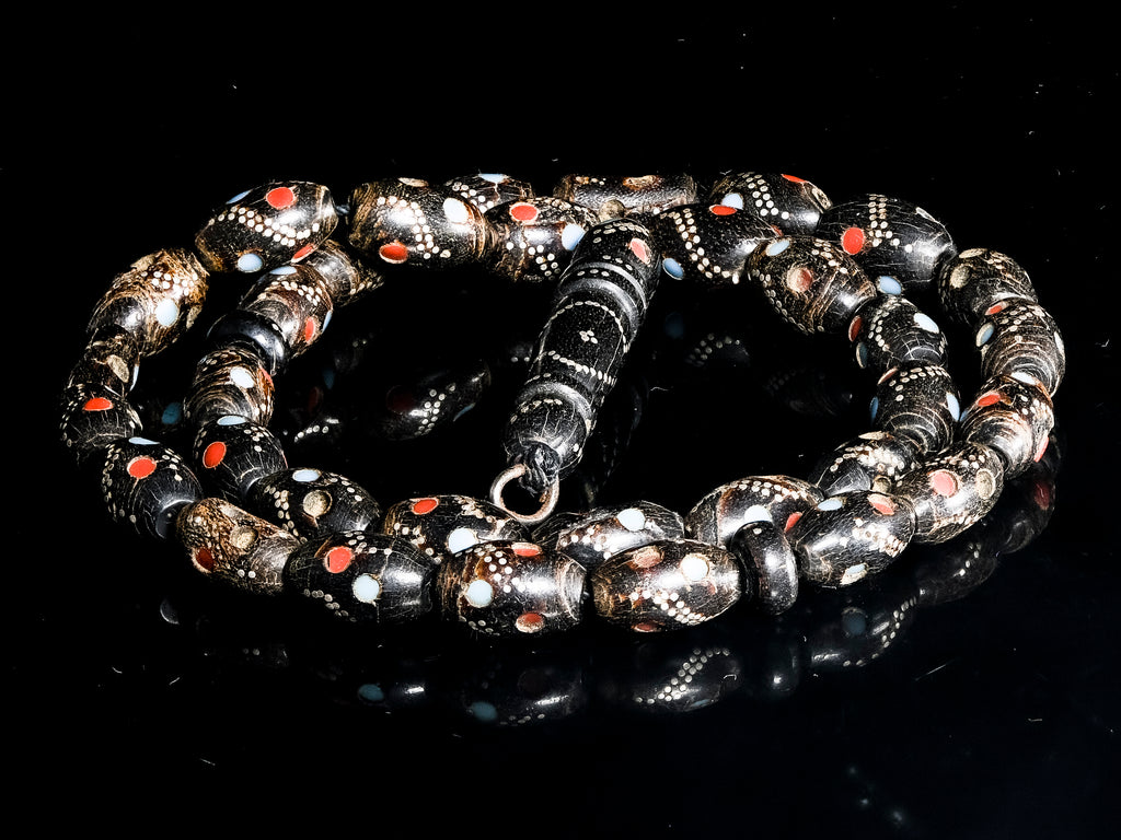 Antique Silver-Inlaid Black Coral Prayer Beads with Red and Blue Enamel Decoration