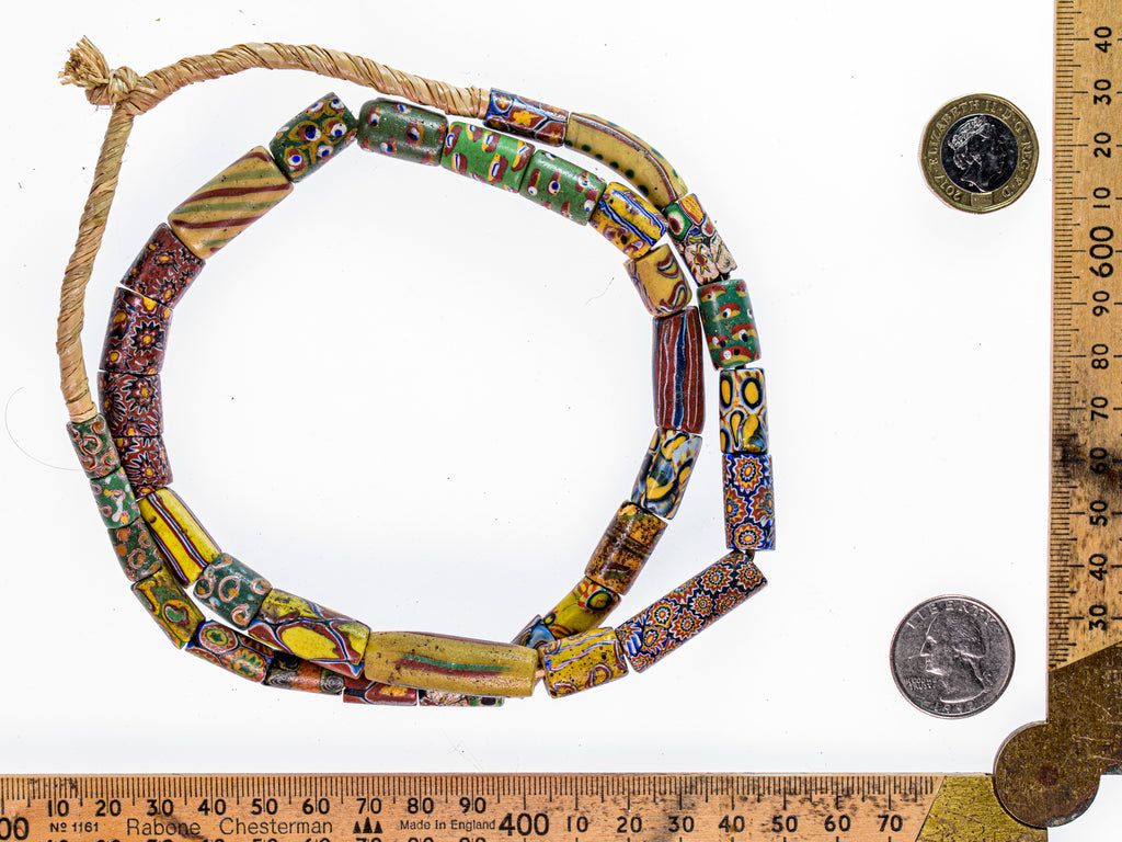 Full Strand of Antique Venetian Multicolored Tube Millefiori Trade Beads