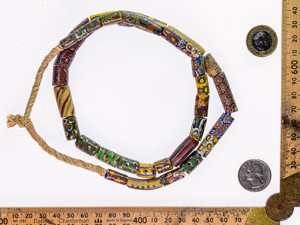 Full Strand of Antique Venetian Multicolored Tube Millefiori Trade Beads