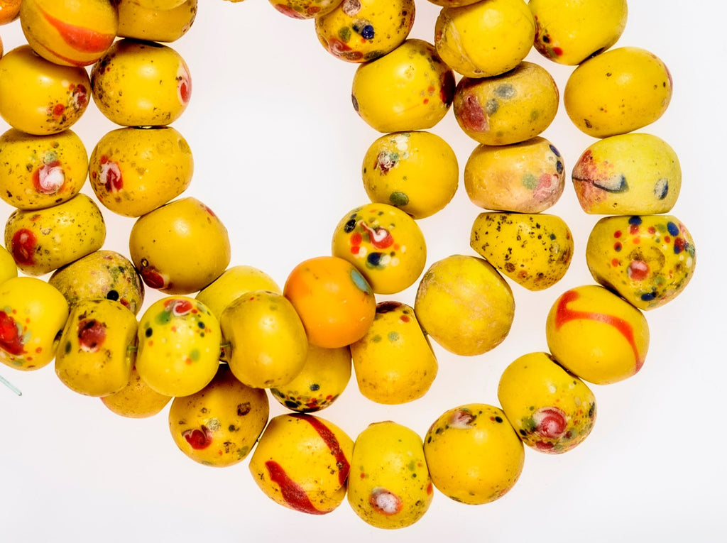 Antique European Yellow Glass Beads with Red floral Decoration African Trade Beads 
