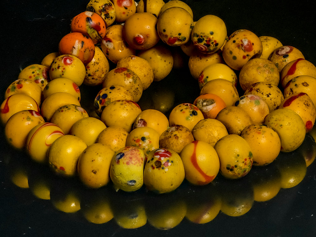 Antique European Yellow Glass Beads with Red floral Decoration African Trade Beads 