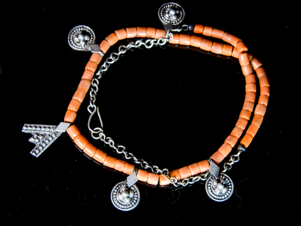 Coral and Silver Yemeni Necklace with Amulets
