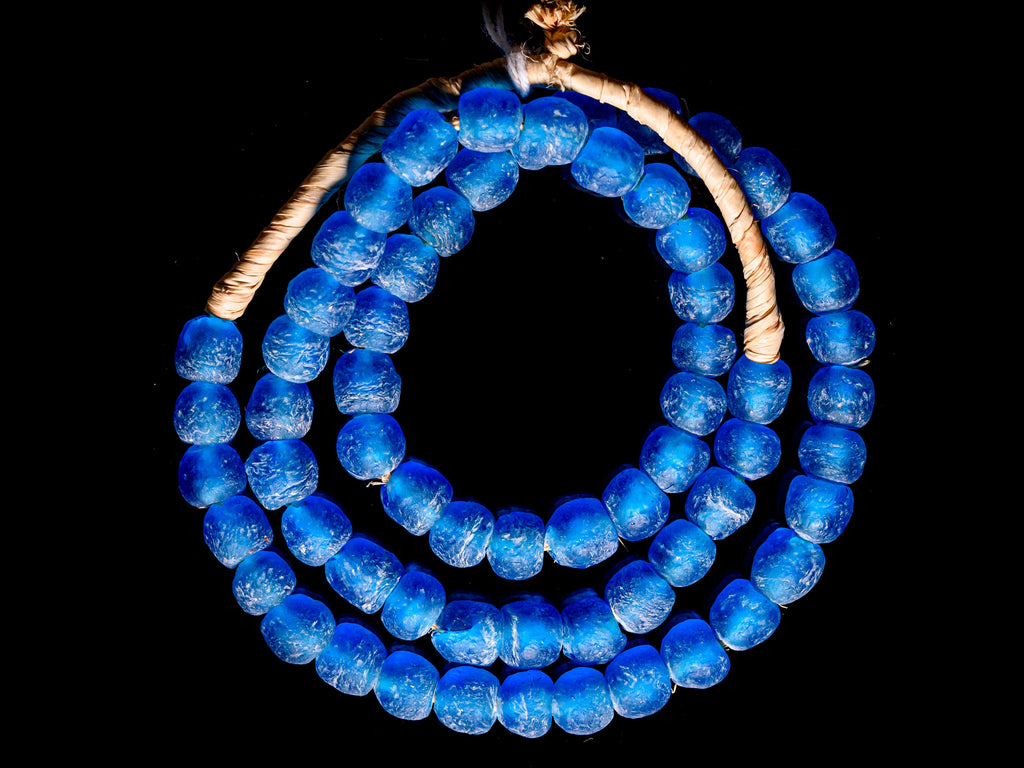 A 22" Strand of Recycled Glass Beads from Ghana, Small Sea  Blue 0717
