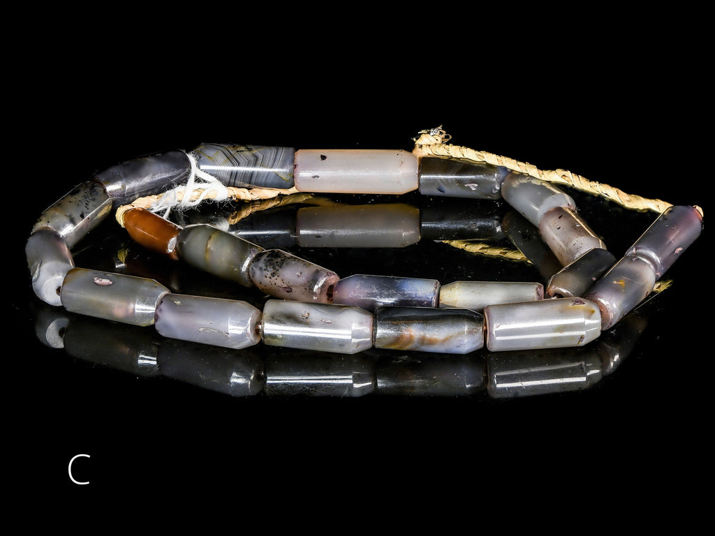 A Strand of Vintage African Trade Gray-Brown Agate Cylindrical Beads of Unusual Shape