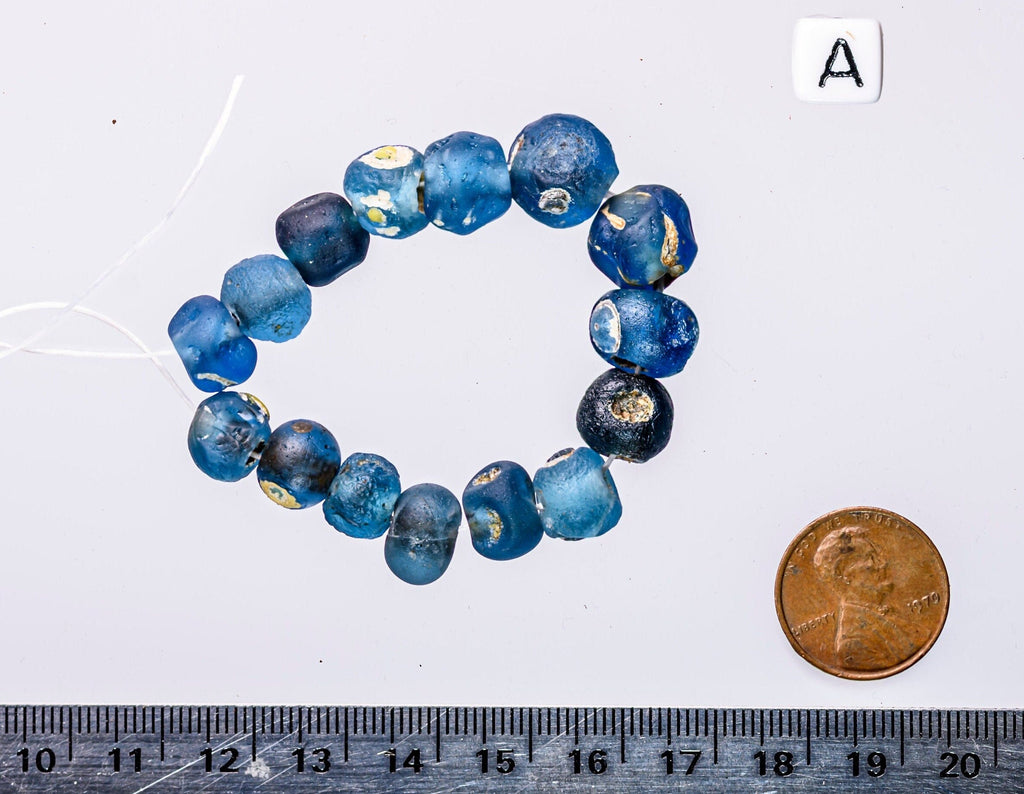 Blue  Ancient Evil Eye Beads:  A Short Strand of 15-17 Ancient Islamic Period Blue Evil Eye Beads 0505
