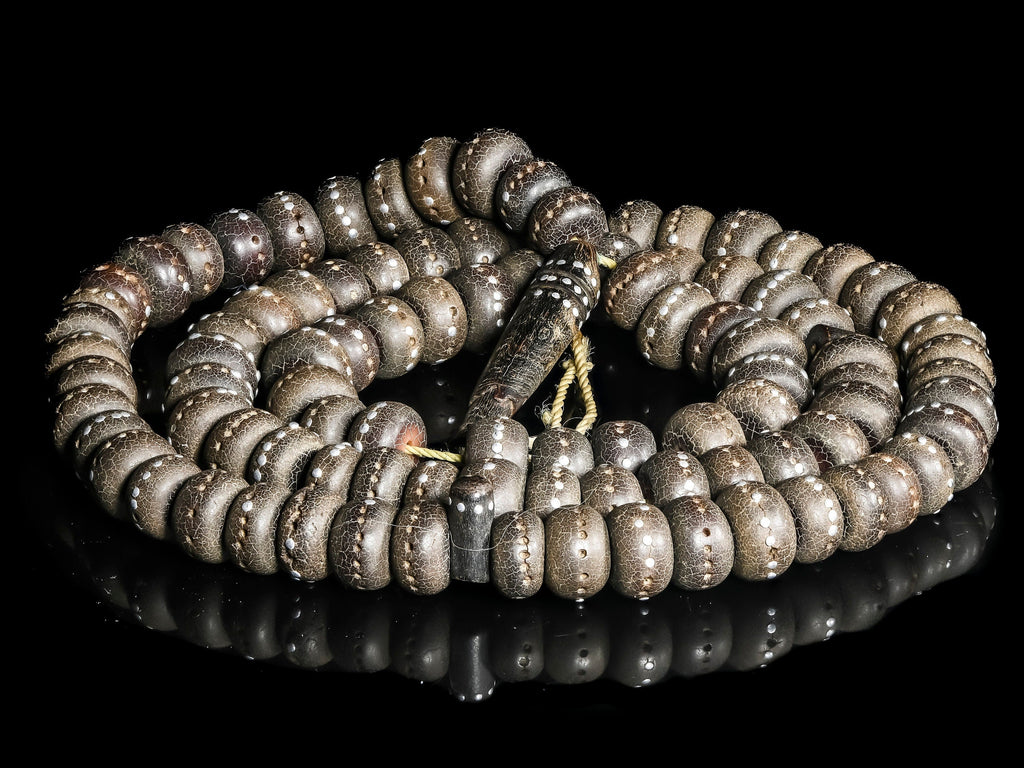 Antique Silver-Inlaid Black Coral Prayer Beads from Yemen P_BCSI_6