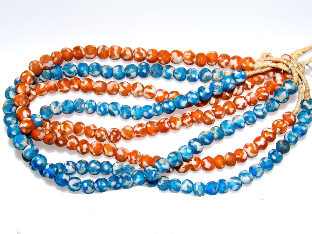 Recycled Glass Swirl Glass Beads from Ghana in Orange-White or Blue-White