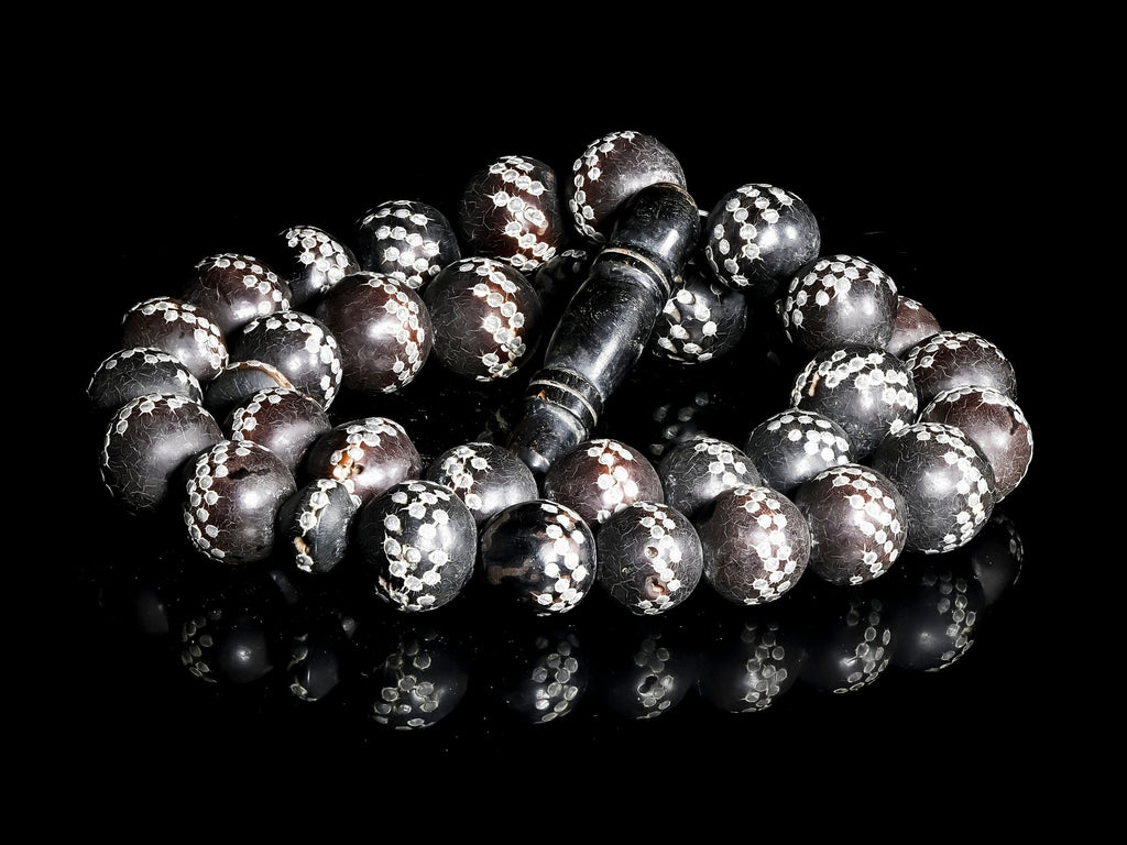 Antique Silver-Inlaid Black Coral Prayer Beads from Yemen P_BCSI_4&5