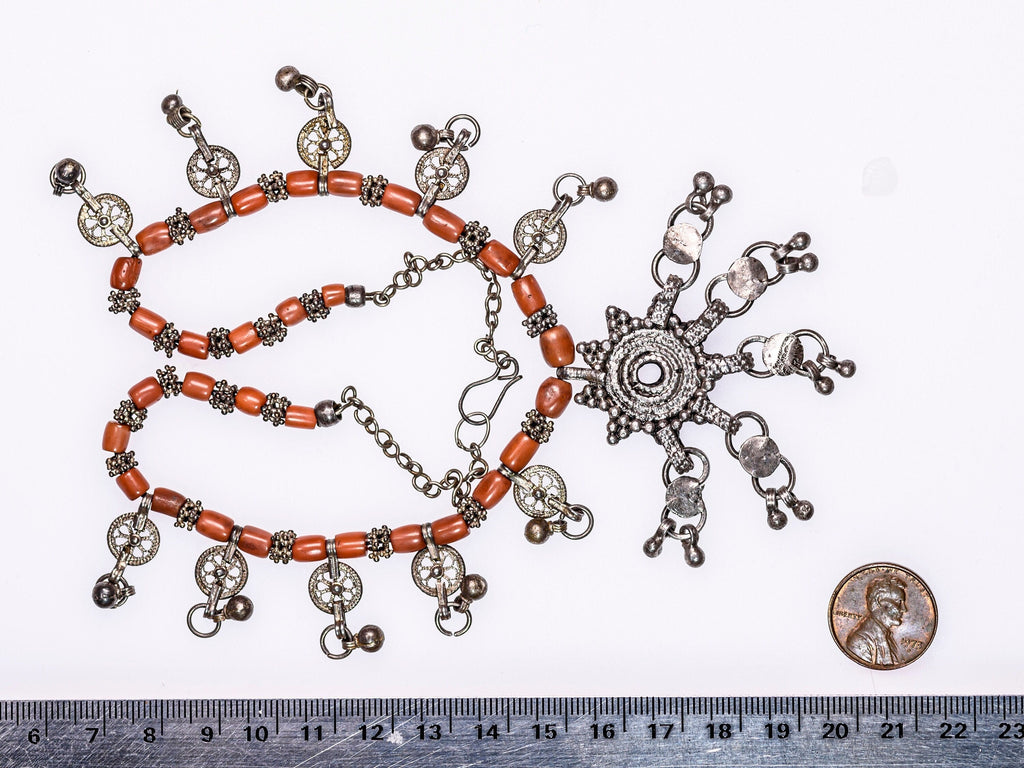 Antique  Old Siver Yemeni Silver and Red Coral Necklace with Amulets and Dangles 0783
