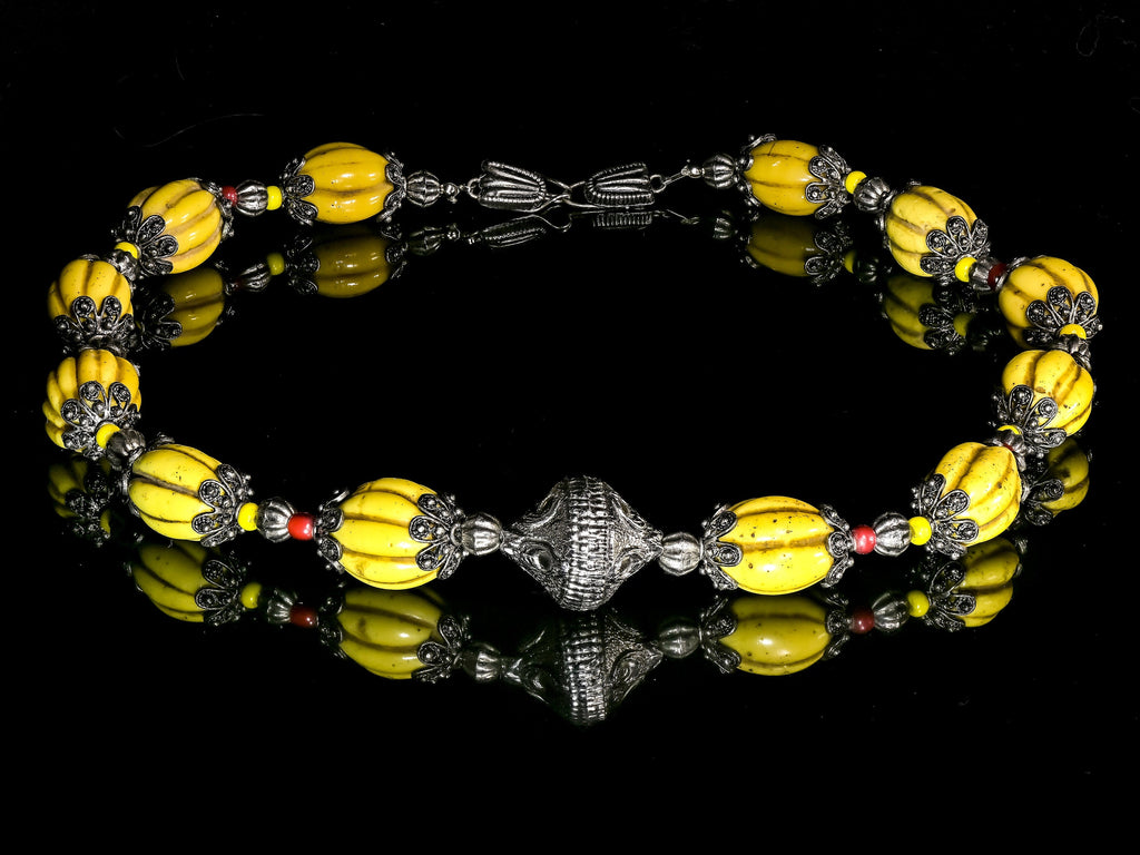 A Necklace of Antique Yellow Melon Beads from Irian Jaya, Old Silver and Glass Beads M00670B