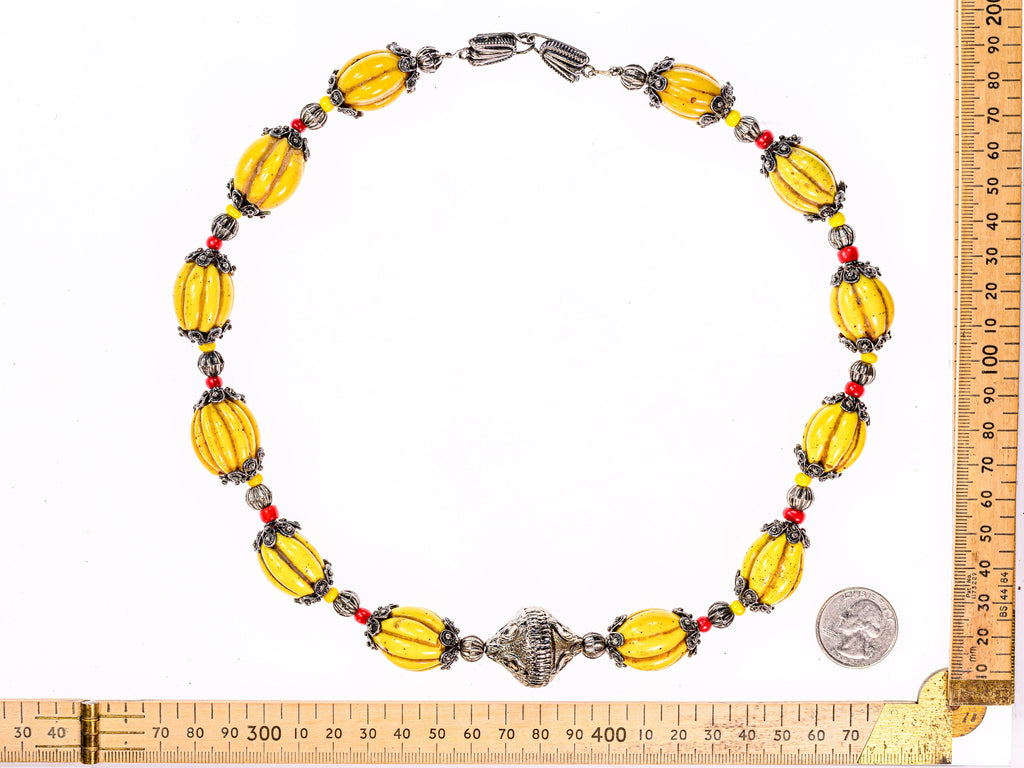 A Necklace of Antique Yellow Melon Beads from Irian Jaya, Old Silver and Glass Beads M00670B