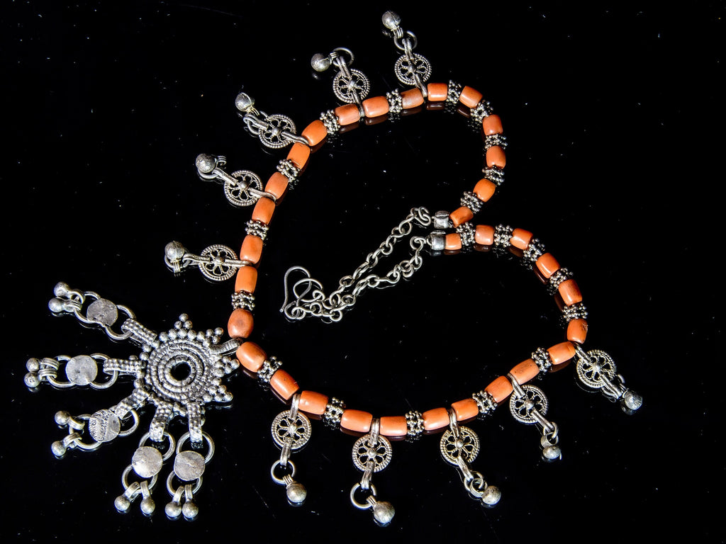 Antique  Old Siver Yemeni Silver and Red Coral Necklace with Amulets and Dangles 0783