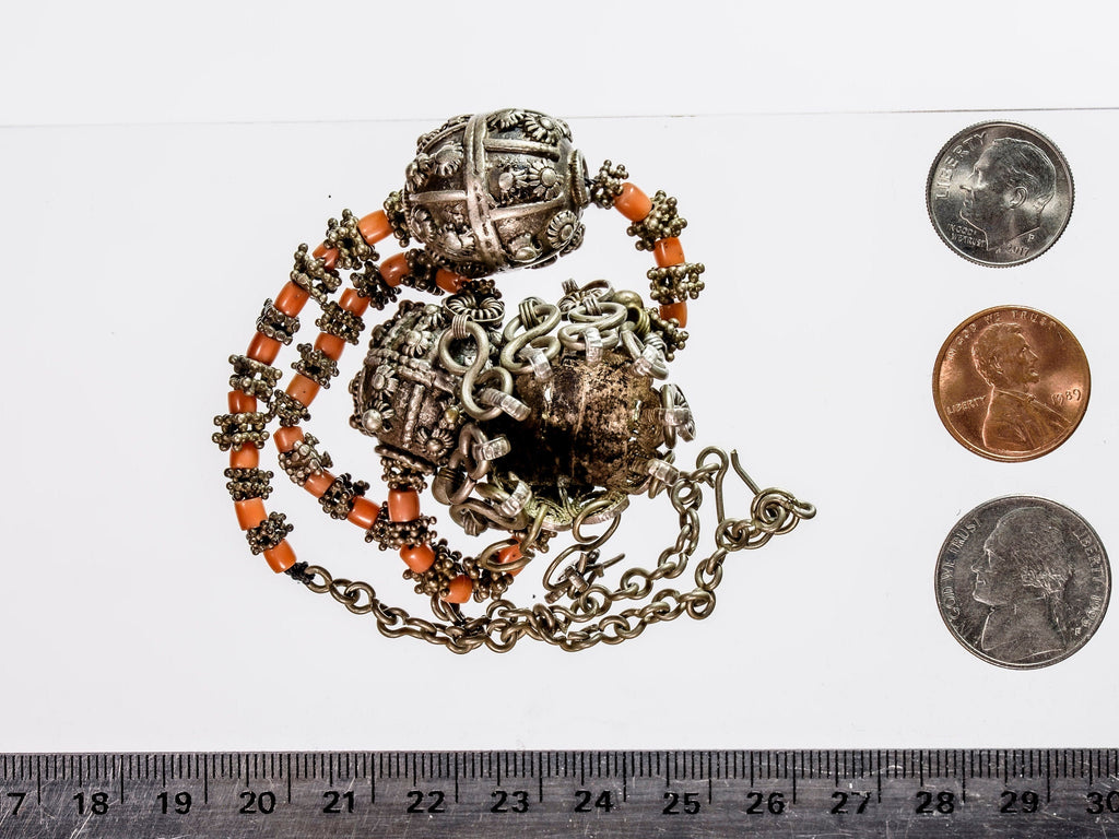 Antique  Old Siver Yemeni Silver and Red Coral Necklace with Globe beads and Unusual Dome Silver Filigree Pendant 0789