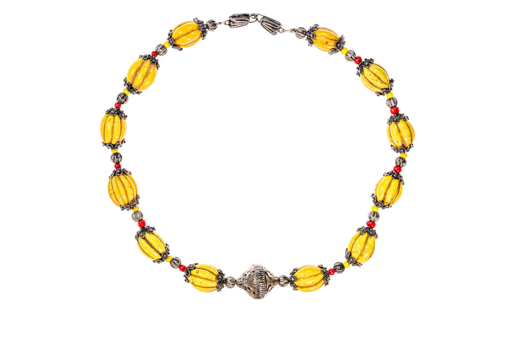 A Necklace of Antique Yellow Melon Beads from Irian Jaya, Old Silver and Glass Beads M00670B